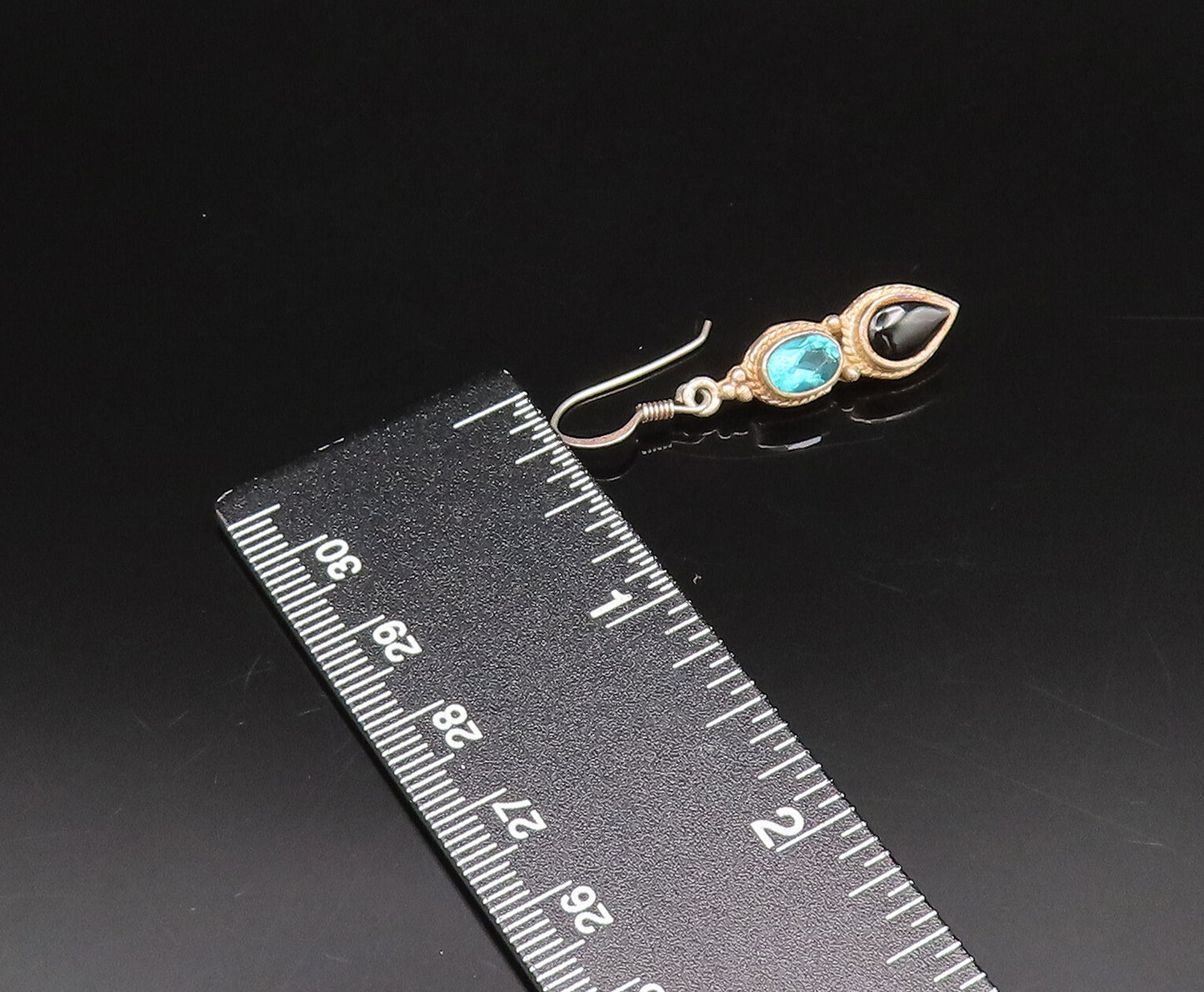 925 Silver  Vintage Oval Blue Topaz & Pear Shaped Onyx Drop Earrings  EG12224