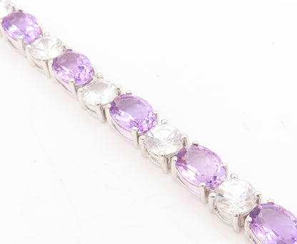 925 Sterling Silver Vintage Bracelet Amethyst & Topaz Tennis Link Chain  BT11750