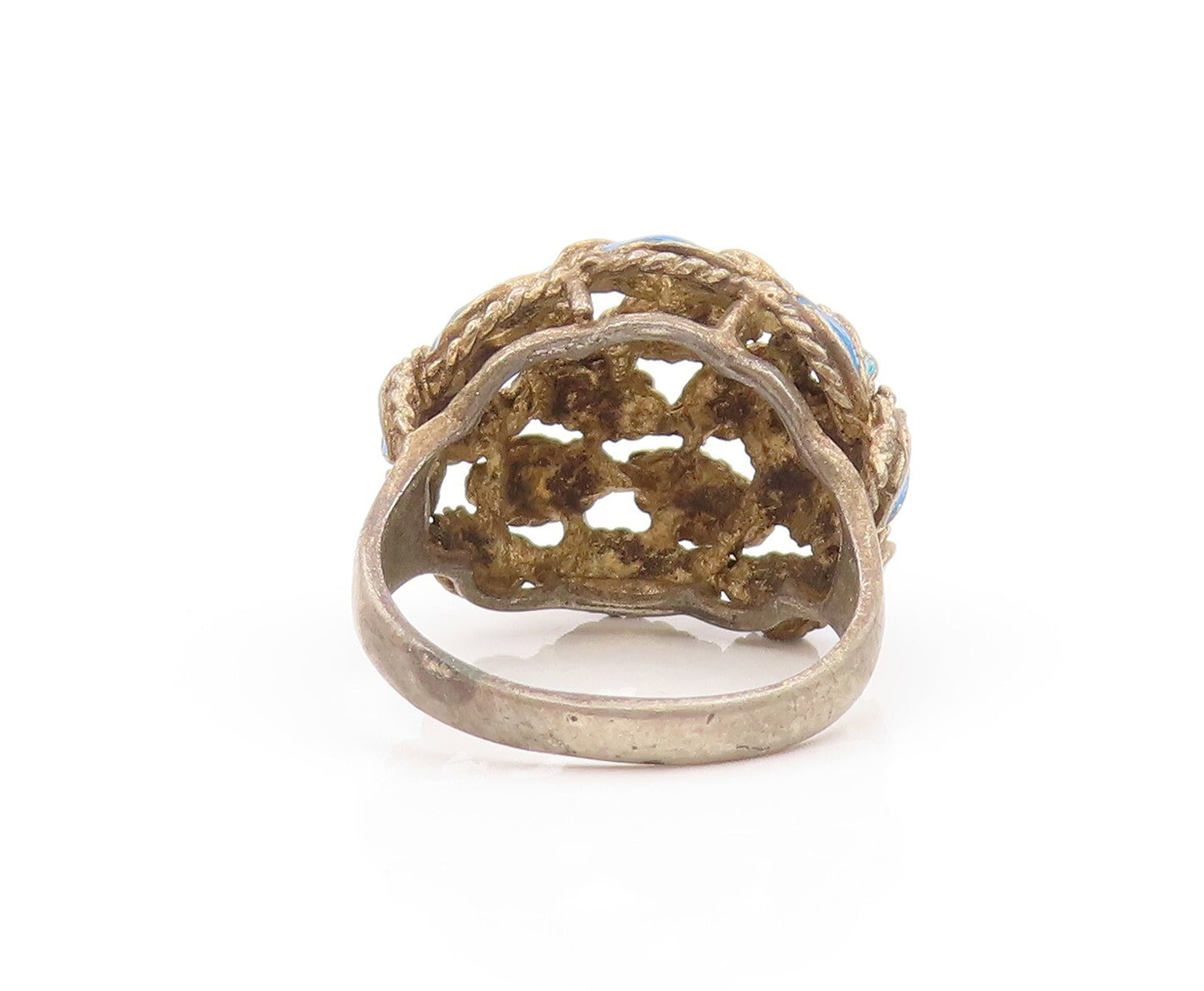 925 Sterling Silver Vintage Ring ESPO Domed Enameled Cutout Leaves Sz 8  RG31757
