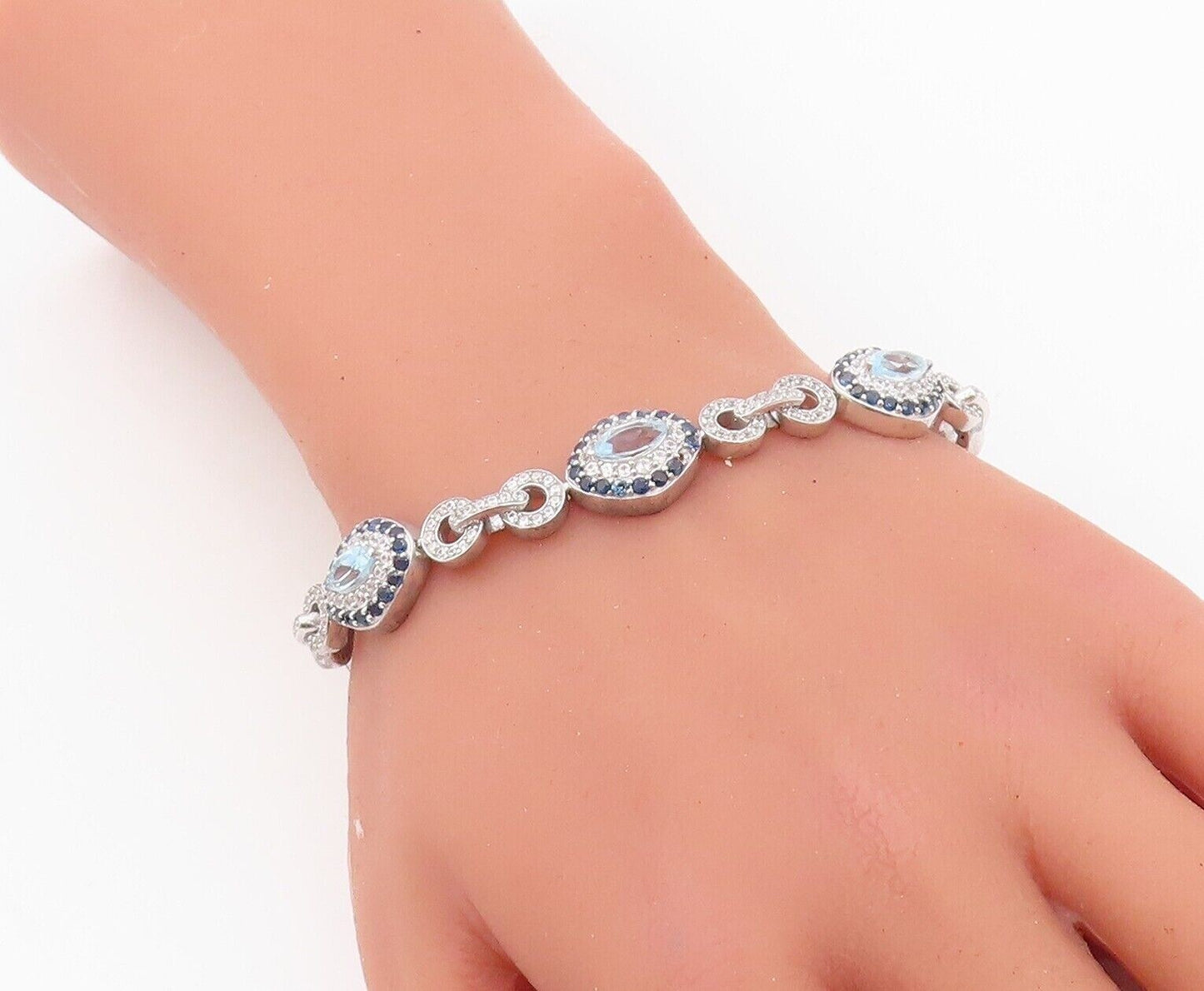 925 Sterling Silver Vintage Bracelet Marquise Cut Topaz Halo Sapphire CZ BT10767