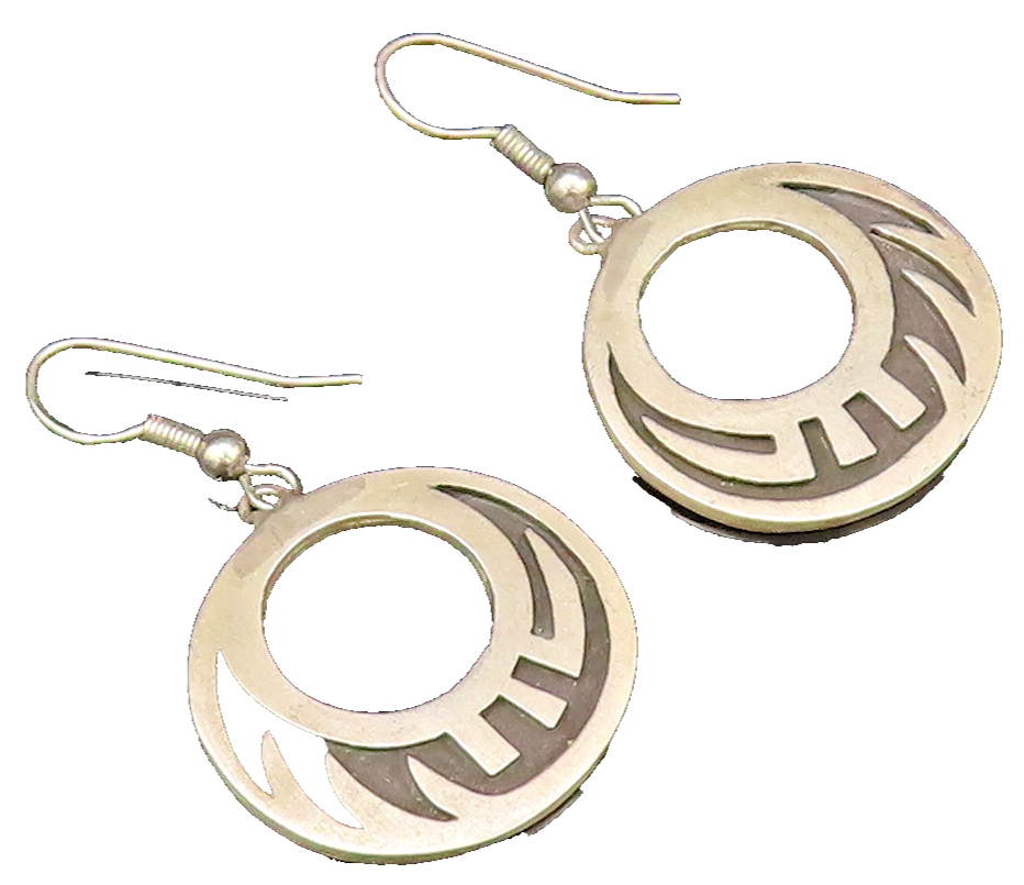 925 Sterling Silver  Vintage Open Circle Carved Design Dangle Earrings EG12166