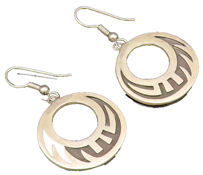 925 Sterling Silver  Vintage Open Circle Carved Design Dangle Earrings EG12166