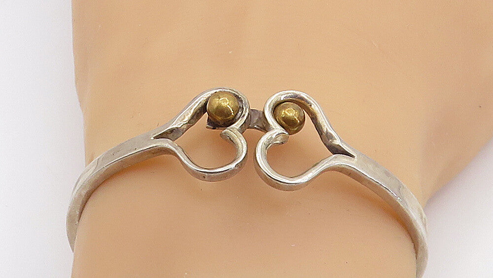 MEXICO 925 Sterling Silver  Vintage 2 Tone Love Hearts Bangle Bracelet  BT3387
