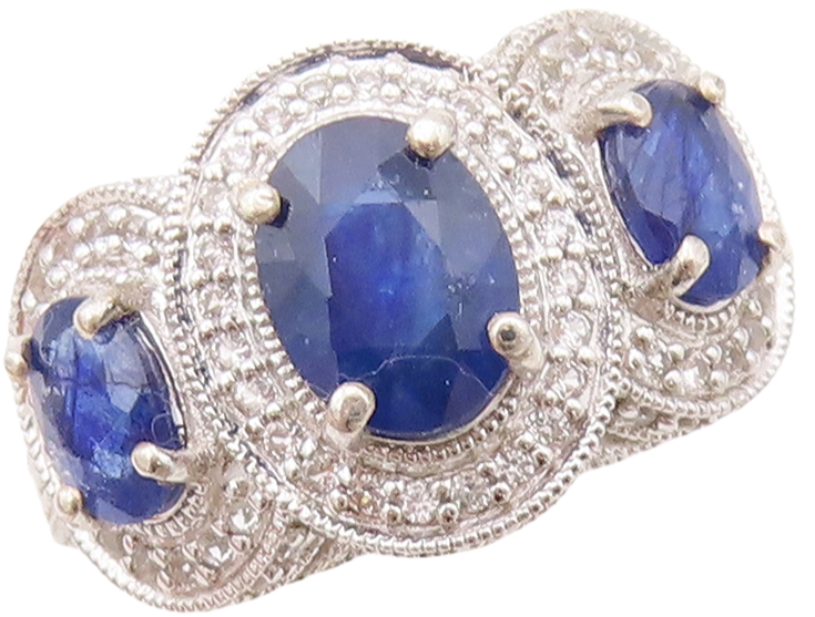 925 Sterling Silver Vintage Ring Oval Sapphire Halo CZ Inlay  Sz 7 RG30351