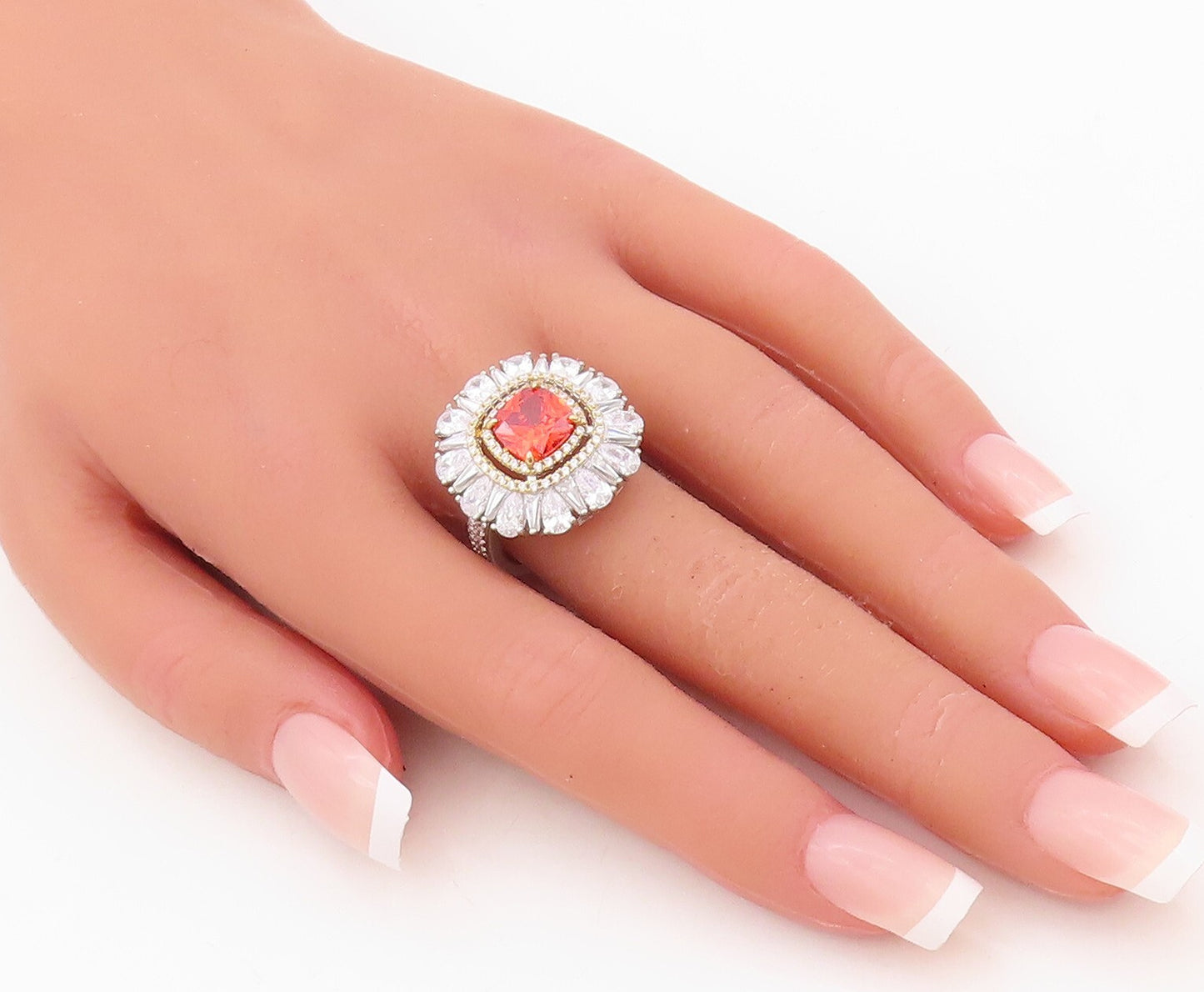 925 Sterling Silver Vintage Ring Floral Orange & White CZ Inlay  Sz 7.5  RG30360