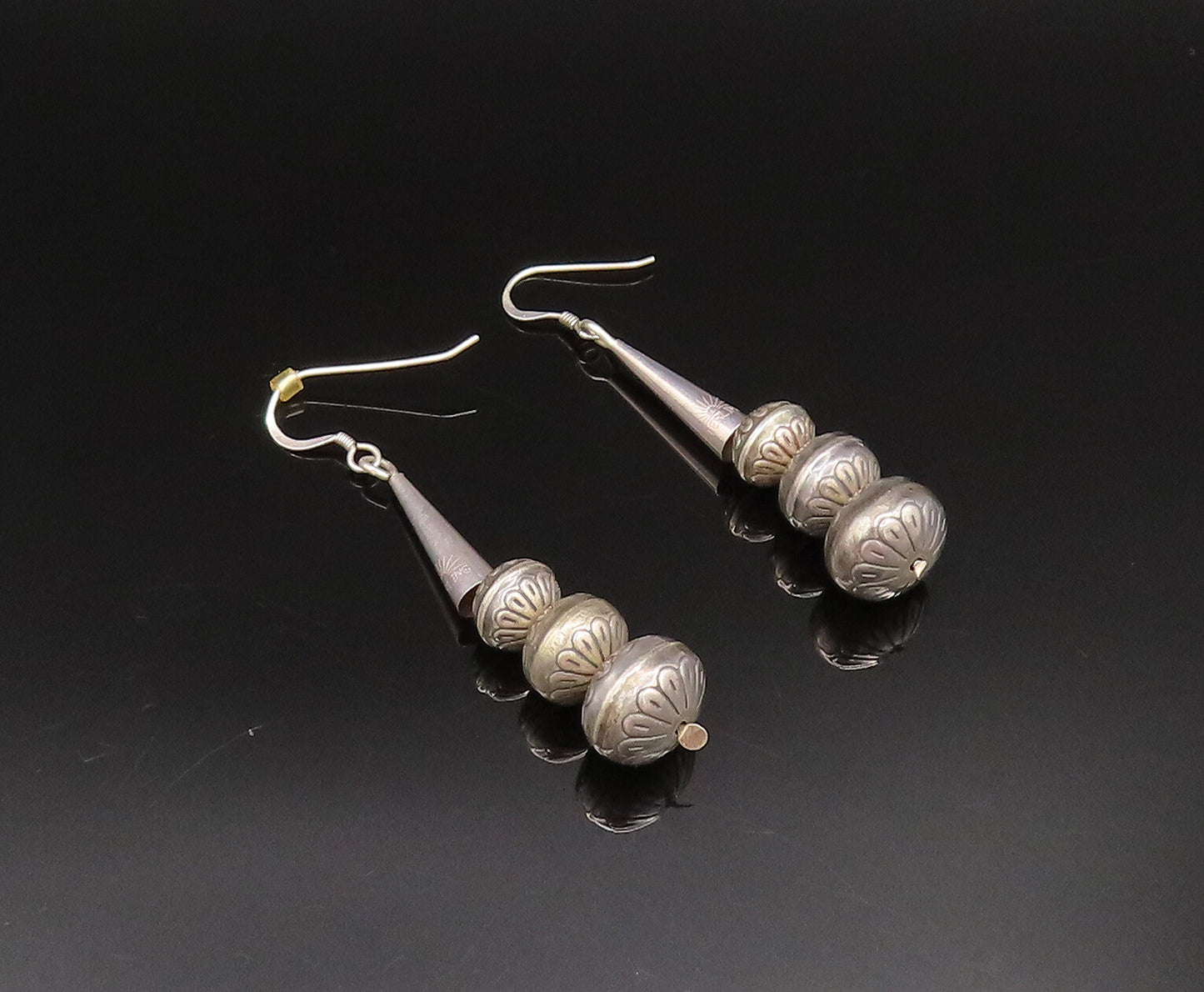 SOUTHWESTERN 925 Silver Vintage Etched Floral Spheres & Cone Earrings EG12035