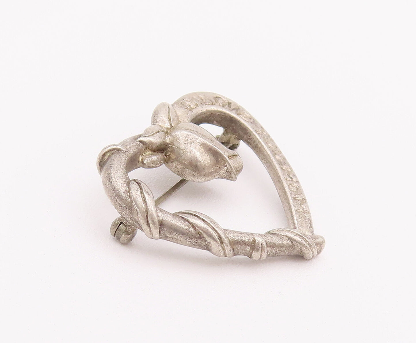 925 Sterling Silver Vintage Brooch Pin Coiled Carved Rose Love Heart  BP10758