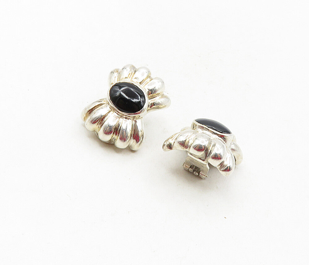 925 Sterling Silver  Vintage Black Onyx Bow Tie Non Pierce Earrings  EG4762