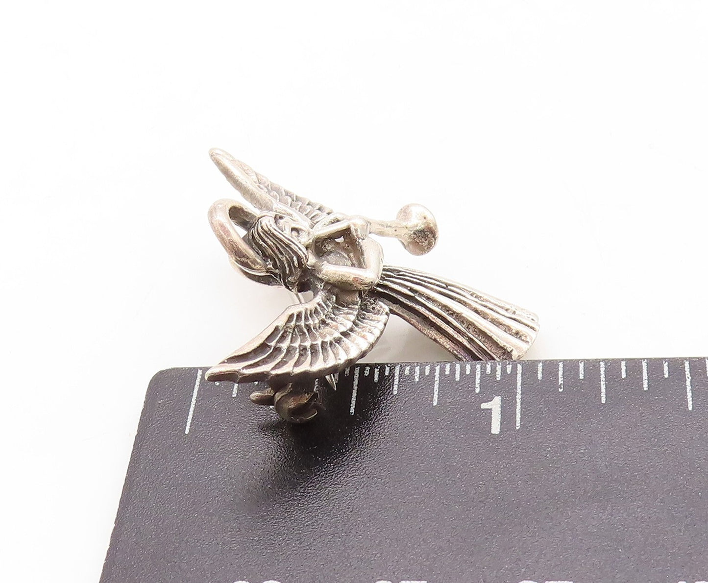 925 Sterling Silver Vintage Brooch Pin Dark Tone Angel Playing Music  BP11388