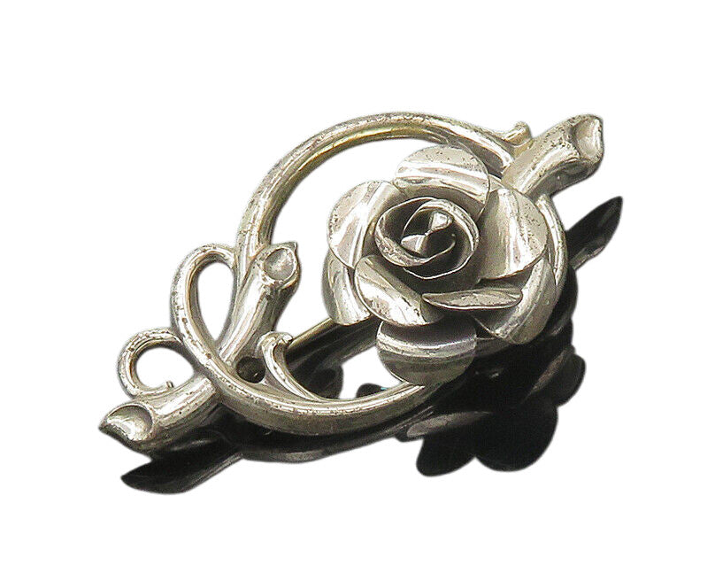 925 Sterling Silver  Vintage Shiny Sculpted Rose Flower Brooch Pin  BP7457
