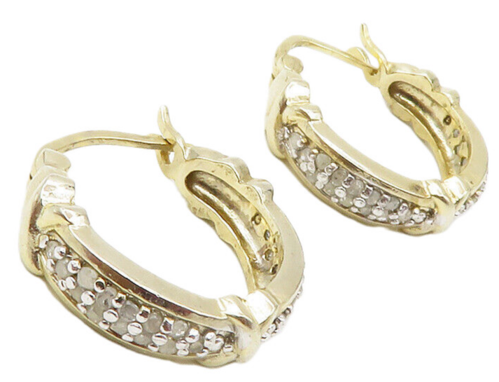 925 Sterling Silver  Genuine Diamonds Gold Plated Round Hoop Earrings  EG6425