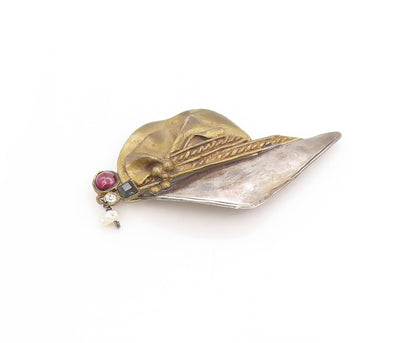 925 Sterling Silver Vintage Brooch Multi Gemstone Modernist Sailboat Pin BP11878