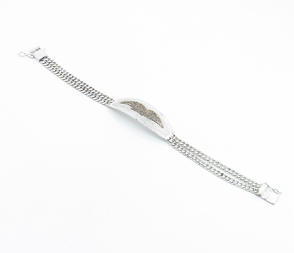 925 Sterling Silver  Vintage Two Tone Eagle Curb Link Chain Bracelet  BT2225