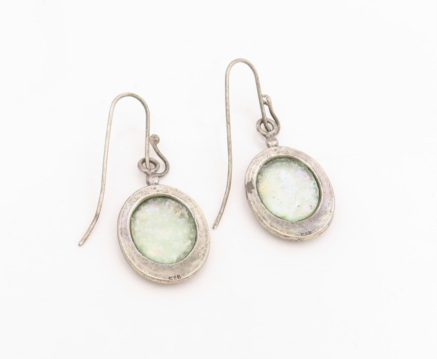 925 Sterling Silver Vintage Earrings Elegant Oval Roman Glass Dangles  EG13803