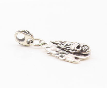 925 Sterling Silver  Vintage Shiny Skeleton Head Fire Flames Pendant  PT18396
