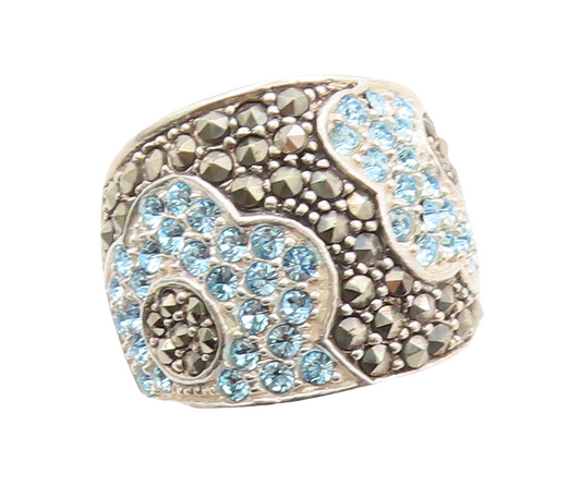 925 Sterling Silver Vintage Ring Marcasite & Blue CZ Flowers  Sz 7  RG31086