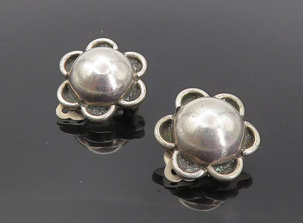 MEXICO 925 Sterling Silver  Vintage Smooth Flower Non Pierce Earrings  EG4240