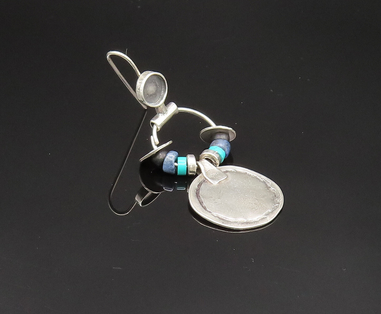 ISRAEL 925 Silver  Vintage Turquoise & Sodalite Beads Disc Earrings  EG11827