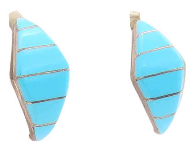 925 Sterling Silver Vintage Earrings NAVAJO ZUNI Blue Turquoise Inlay  EG13120