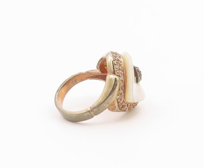 925 Sterling Silver Vintage Ring Gold Plated Mother Of Pearl & CZ  Sz 9  RG36582