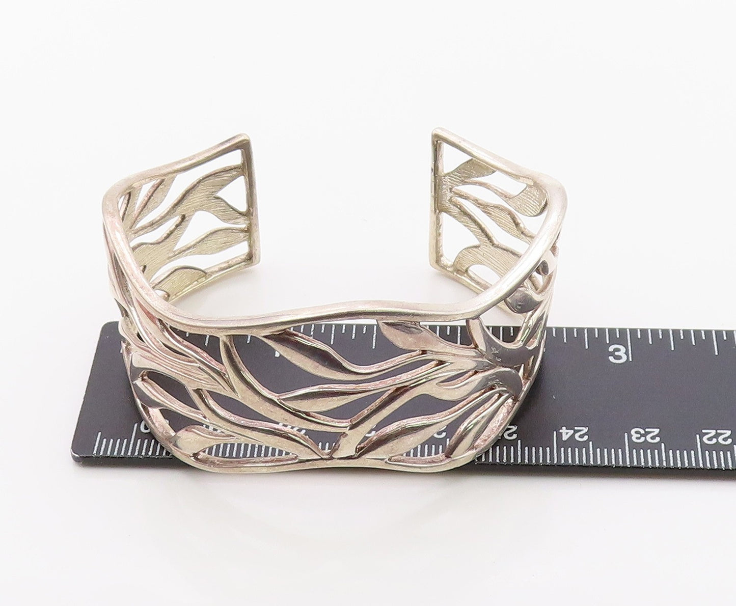 925 Sterling Silver Vintage Bracelet Modernist Wavy Leaf Cutout Cuff  BT12133