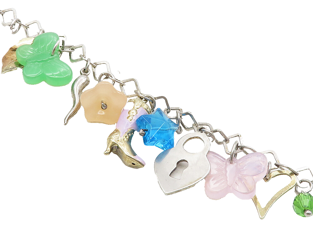 925 Sterling Silver  Jade Topaz & Rose Quartz Charmed Chain Bracelet  BT4256