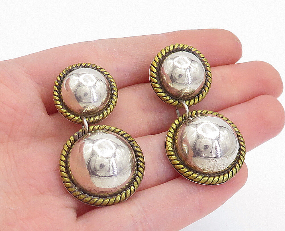 MEXICO 925 Sterling Silver  Vintage Two Tone Dome Twist Drop Earrings  EG2794