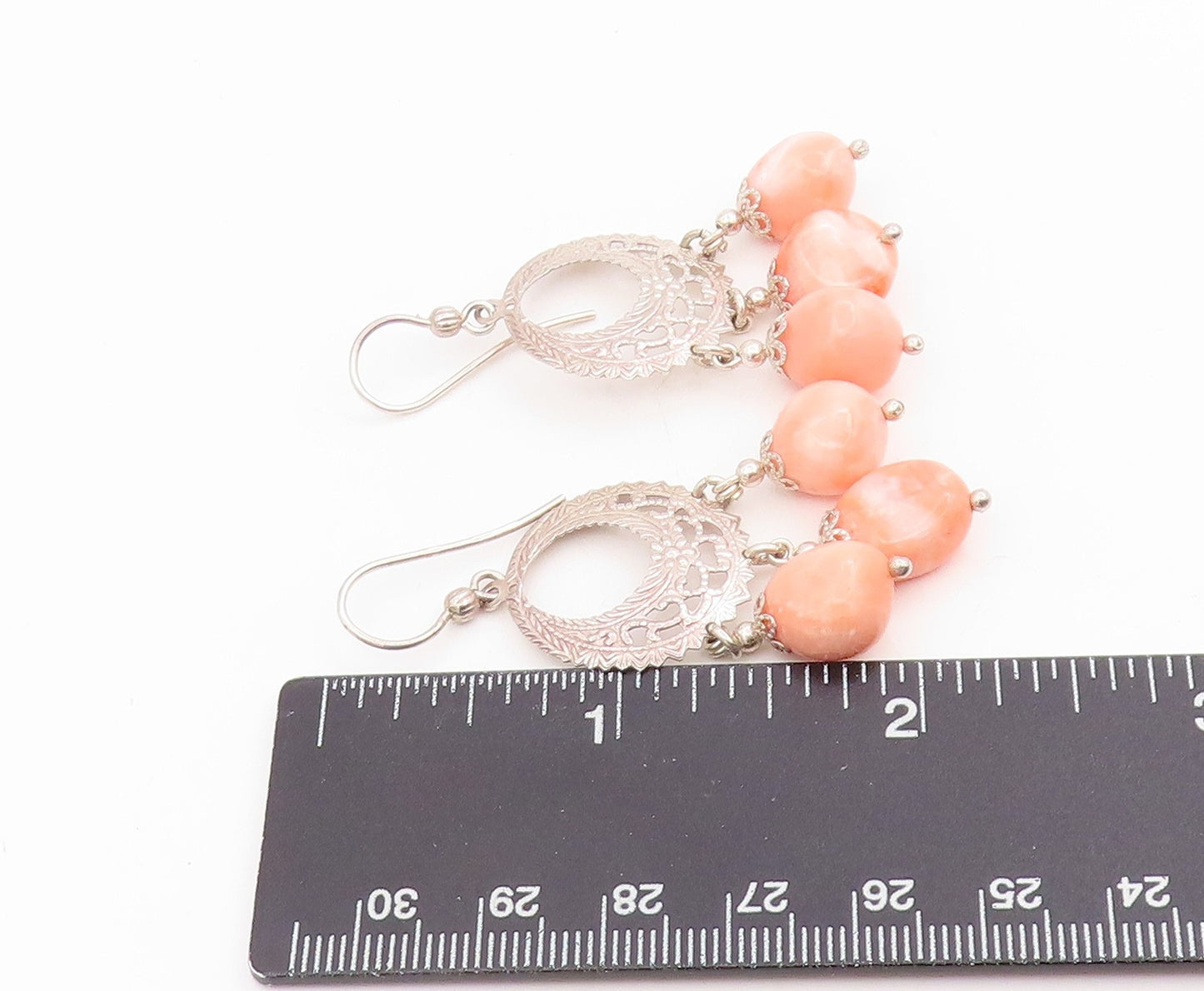925 Sterling Silver Vintage Earrings POLAND Peach Gemstone Chandelier  EG13991