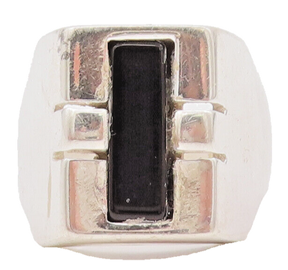 925 Sterling Silver Vintage Ring ISRAEL Inlay Onyx Solid Carved  Sz 8.5  RG28170