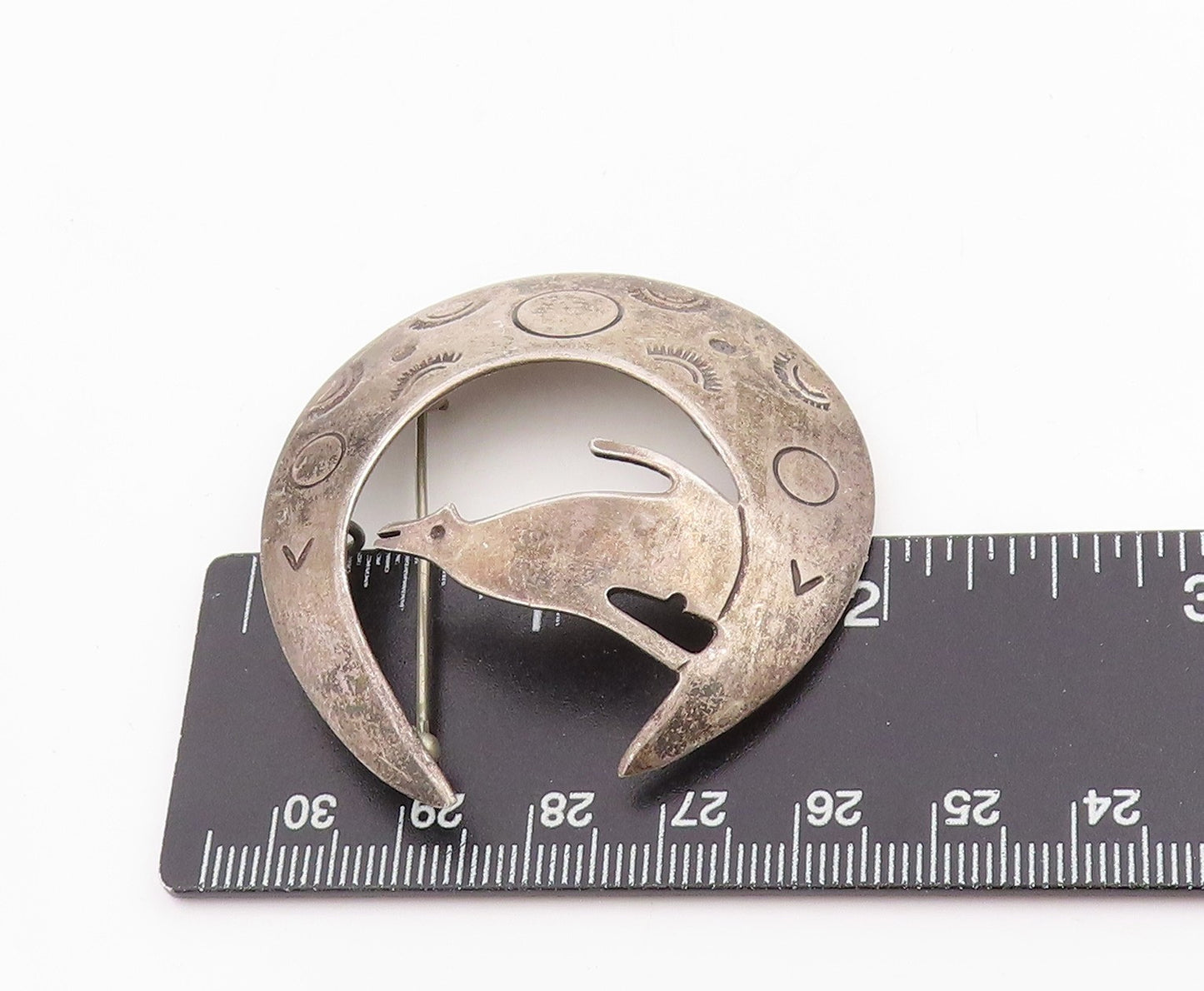 925 Sterling Silver Vintage Brooch MEXICO Etched Moon & Howling Wolf Pin BP11966