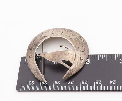 925 Sterling Silver Vintage Brooch MEXICO Etched Moon & Howling Wolf Pin BP11966