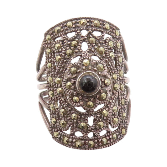 925 Sterling Silver Vintage Ring Antique Spinel Marcasite Floral Sz 8.5  RG32996