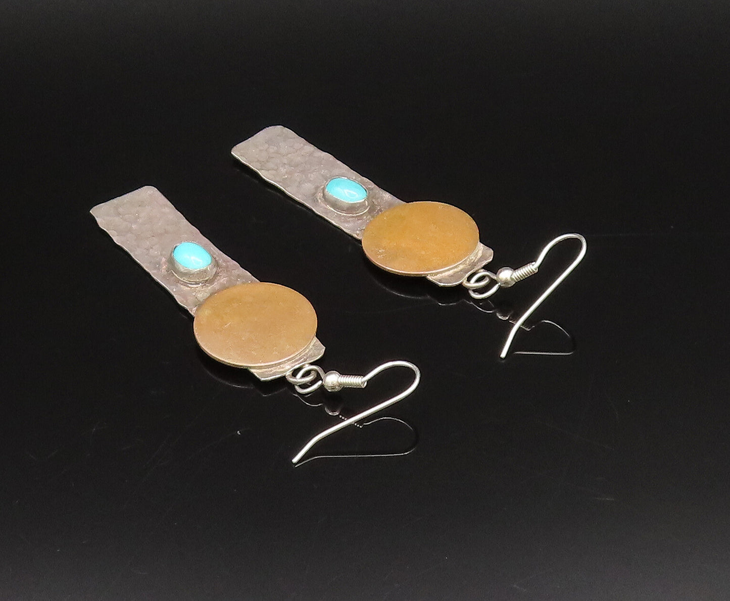 925 Silver  Vintage Round Disc & Hammered Flat Bar Turquoise Earrings  EG12230
