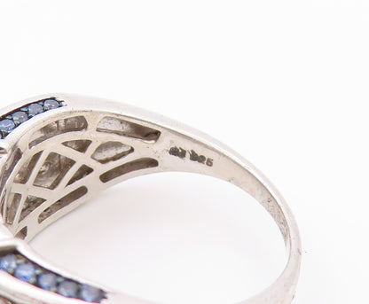 925 Sterling Silver Vintage Ring Modernist Blue & White CZ Inlay  Sz 8  RG32640
