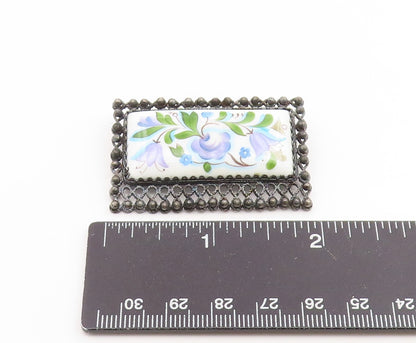 925 Sterling Silver Vintage Brooch Pin Antique Enamel Bellflower Blossom BP12397