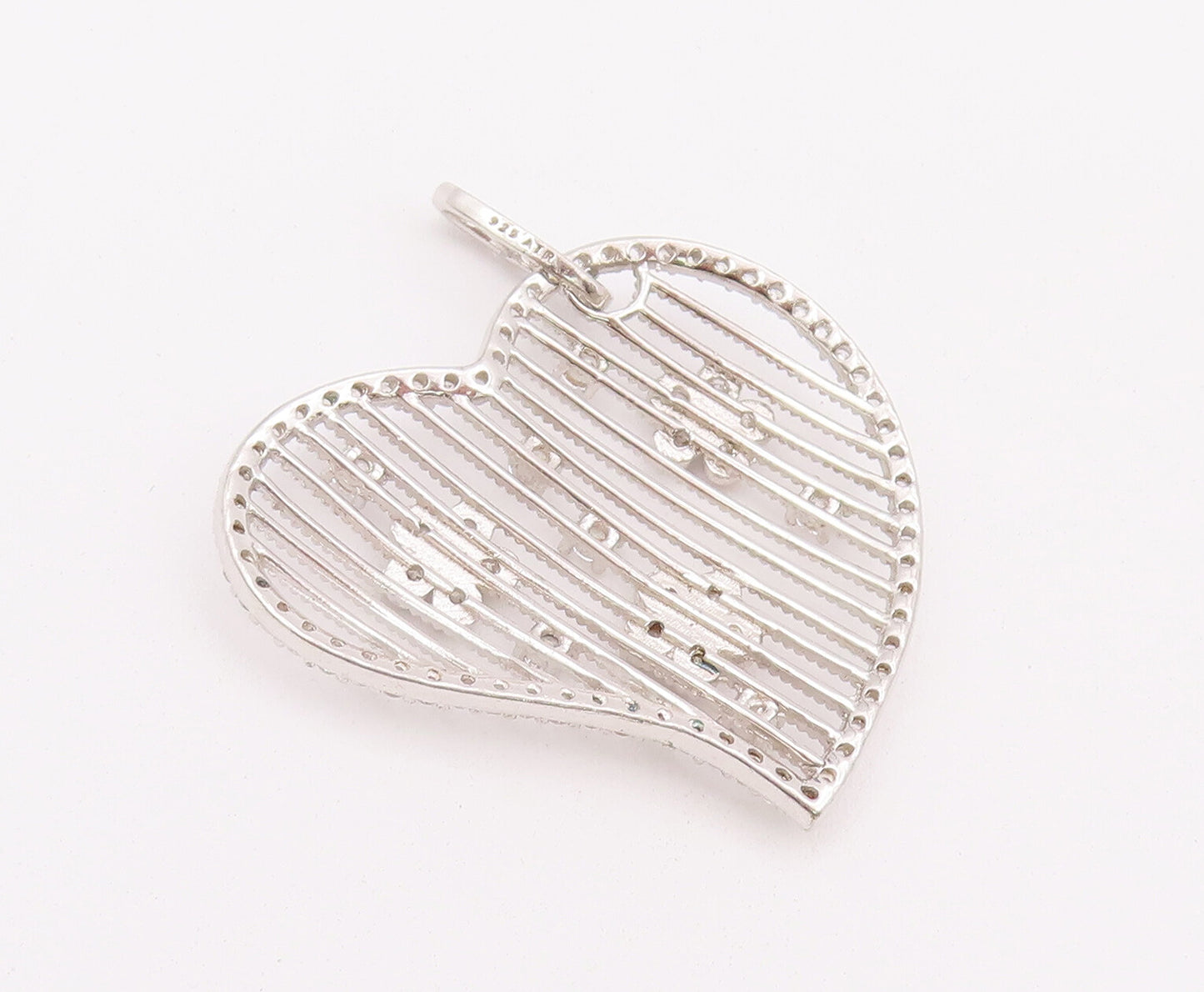 925 Sterling Silver Vintage Pendant Cutout CZ Heart & Grilled Flowers  PT22805