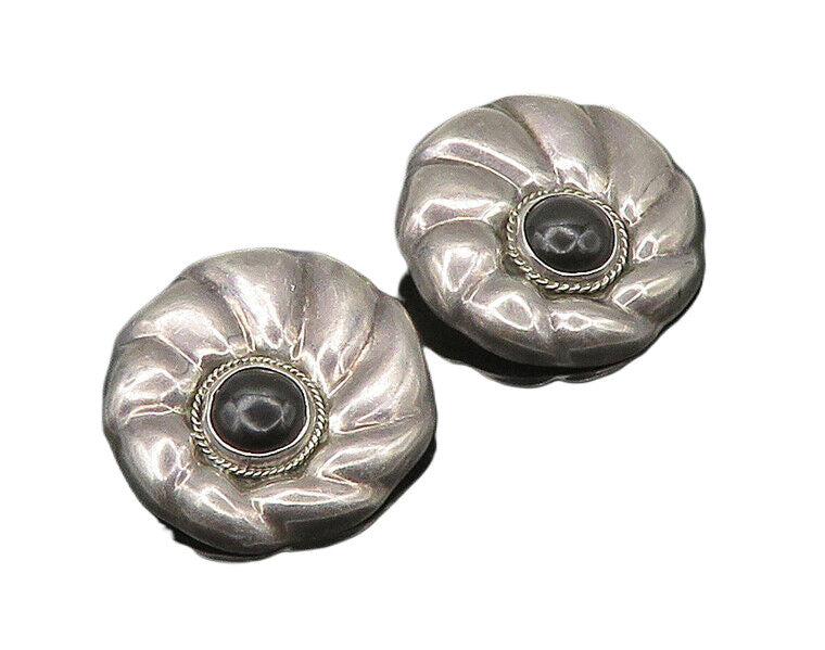 MEXICO 925  Silver  Vintage Cabochon Black Onyx Non Pierce Earrings  EG10680