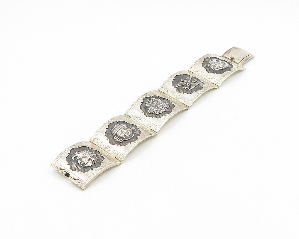 925 Sterling Silver  Vintage Shiny Oxidized Panel Chain Bracelet  BT7249