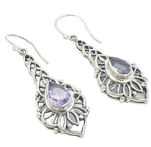 925 Sterling Silver  Vintage Tear Drop Amethyst Floral Dangle Earrings  EG3607