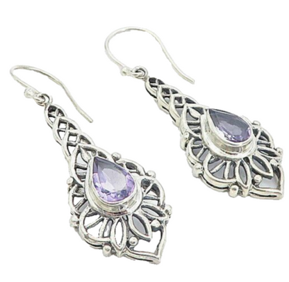 925 Sterling Silver  Vintage Tear Drop Amethyst Floral Dangle Earrings  EG3607