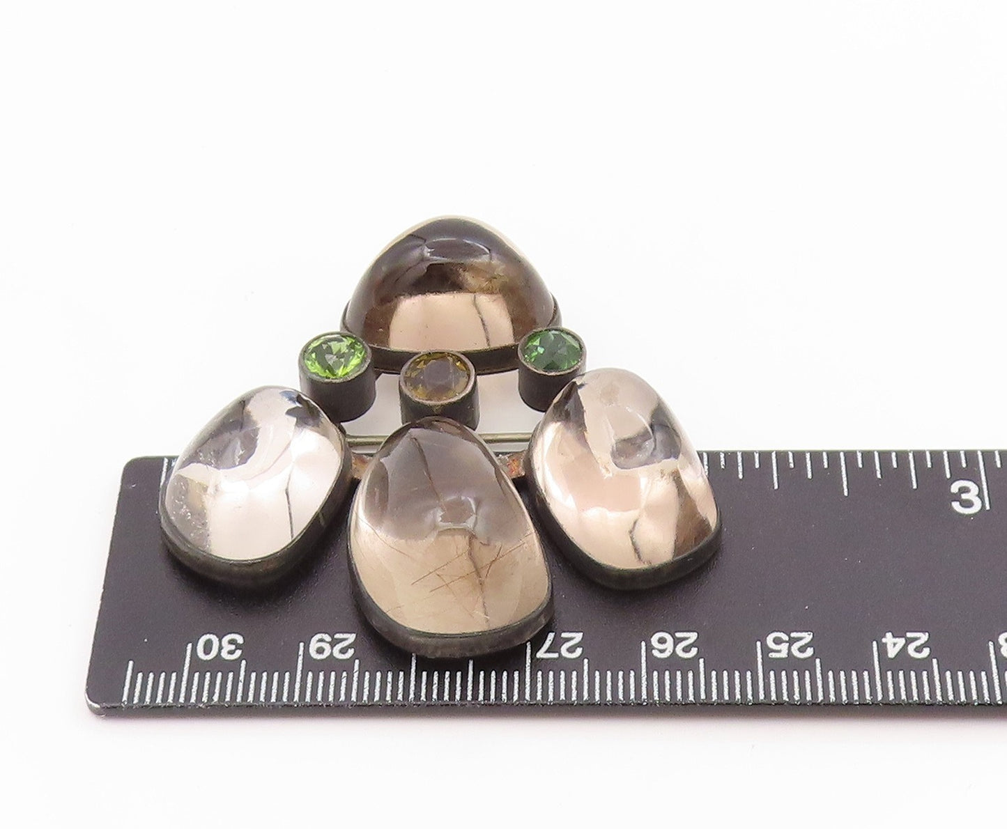 925 Sterling Silver Vintage Brooch Pin Classic Smoky Quartz & Peridot  BP12528