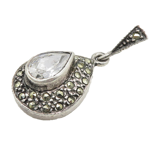 925 Silver  Vintage Cubic Zirconia & Marcasite Tear Drop Pendant  PT14674