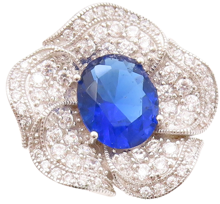 925 Sterling Silver Vintage Ring Cutout Sapphire & CZ Flower  Sz 7.5  RG30669