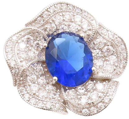 925 Sterling Silver Vintage Ring Cutout Sapphire & CZ Flower  Sz 7.5  RG30669