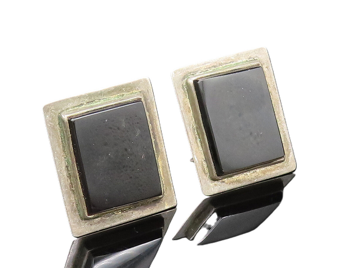 MEXICO 925 Silver  Vintage Rectangular Black Onyx Screw Back Earrings  EG11946