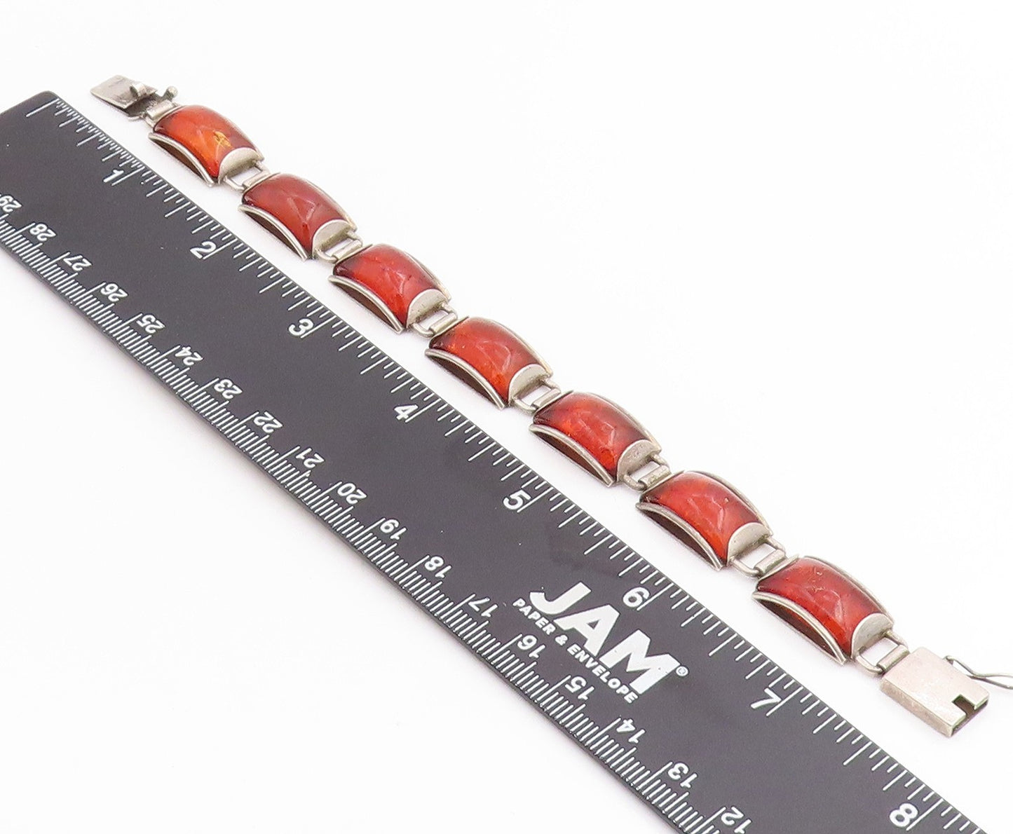 925 Sterling Silver Vintage Bracelet Classic Honey Amber Geometric Link  BT11851