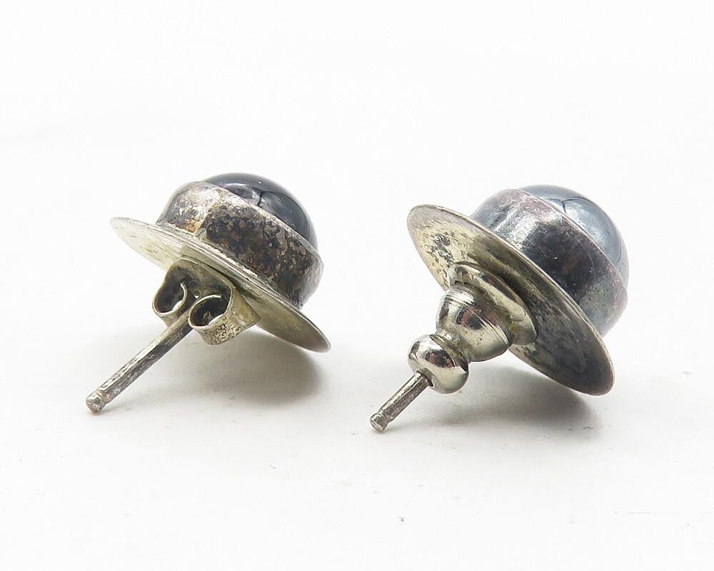 925 Sterling Silver  Vintage Cabochon Hematite & Onyx Stud Earrings  EG6025