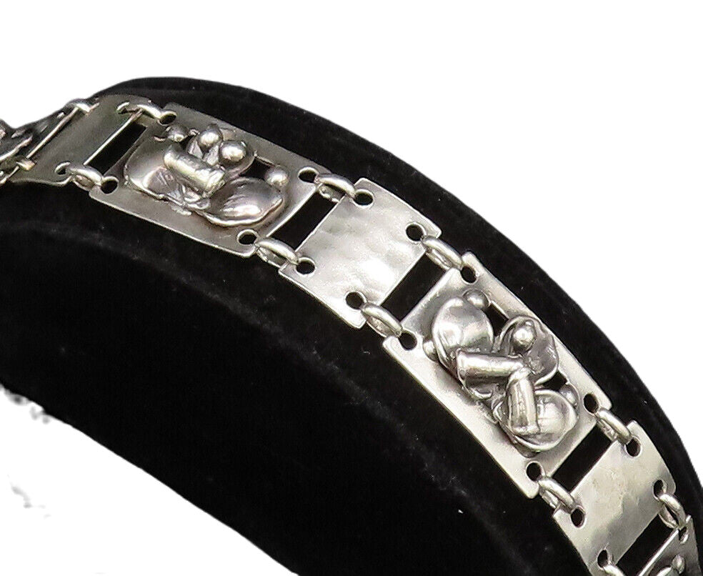 MAX RIEG 925 Silver  Vintage Hammered Rectangle 3D Floral Bracelet  BT9636