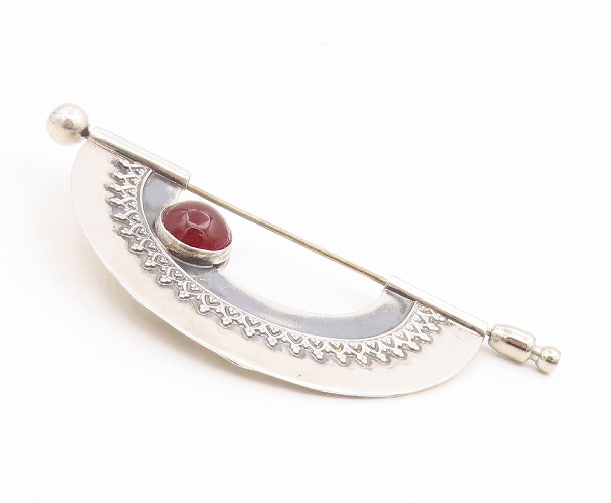 925 Sterling Silver Vintage Brooch Pin Round Cabochon Onyx & Carnelian  BP12431