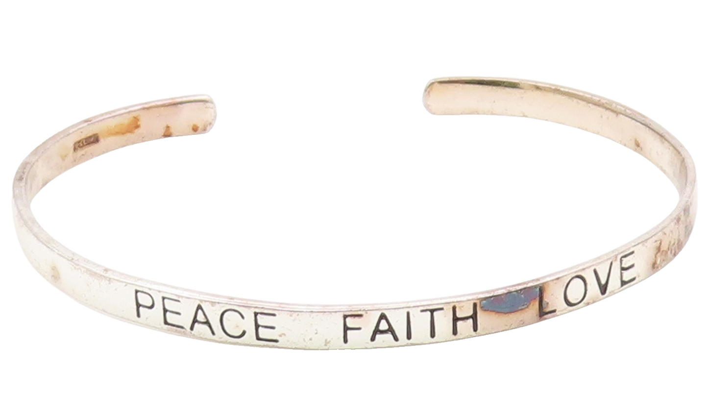 925 Sterling Silver  Vintage Shiny Peace Faith Love Cuff Bracelet  BT8343